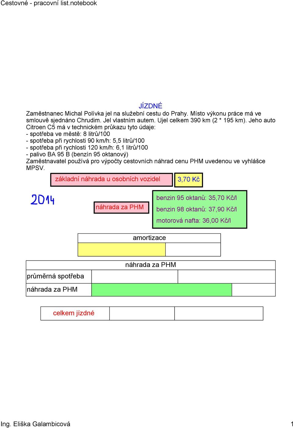 litrů/100 palivo BA 95 B (benzín 95 oktanový) Zaměstnavatel používá pro výpočty cestovních náhrad cenu PHM uvedenou ve vyhlášce MPSV.