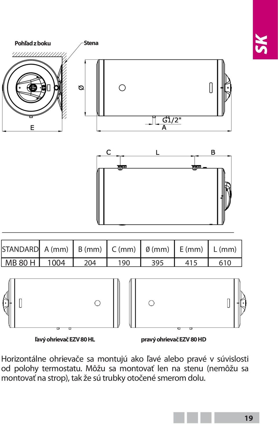 pravý ohrievač EZV 80 HD Horizontálne ohrievače sa montujú ako ľavé alebo pravé v súvislosti od polohy