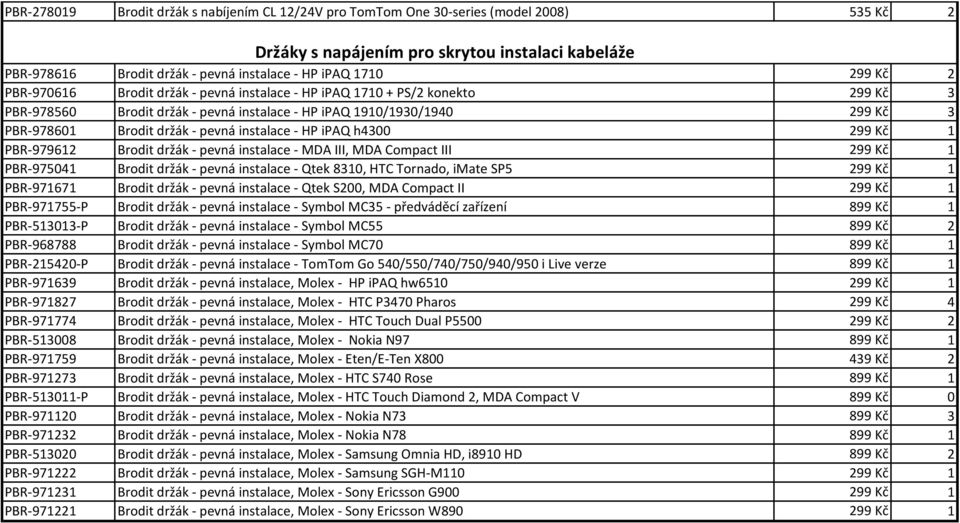 instalace - HP ipaq h4300 299 Kč 1 PBR-979612 Brodit držák - pevná instalace - MDA III, MDA Compact III 299 Kč 1 PBR-975041 Brodit držák - pevná instalace - Qtek 8310, HTC Tornado, imate SP5 299 Kč 1