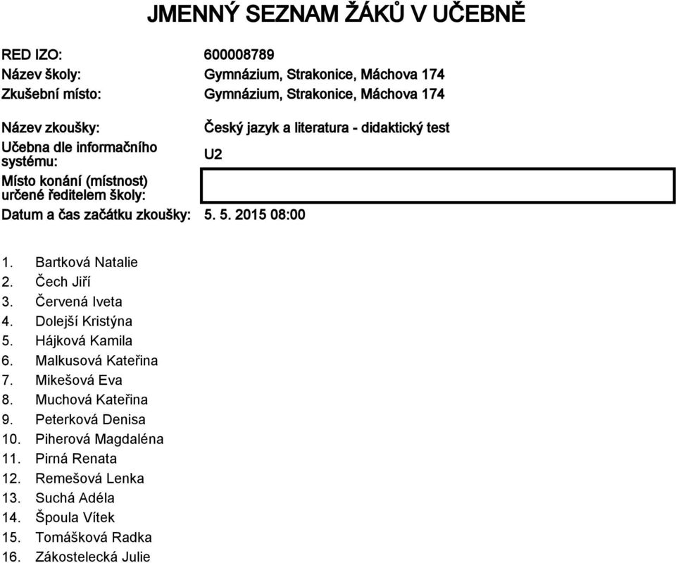 zkoušky: 5. 5. 2015 08:00 1. Bartková Natalie 2. Čech Jiří 3. Červená Iveta 4. Dolejší Kristýna 5. Hájková Kamila 6. Malkusová Kateřina 7. Mikešová Eva 8.