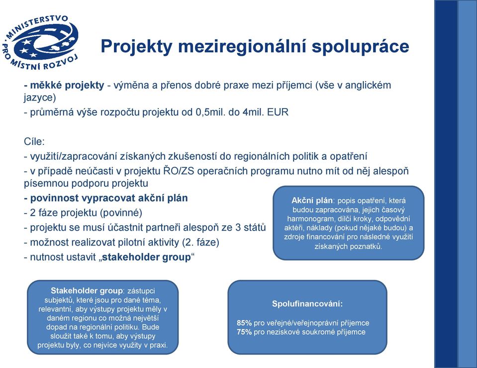 povinnost vypracovat akční plán - 2 fáze projektu (povinné) - projektu se musí účastnit partneři alespoň ze 3 států - možnost realizovat pilotní aktivity (2.