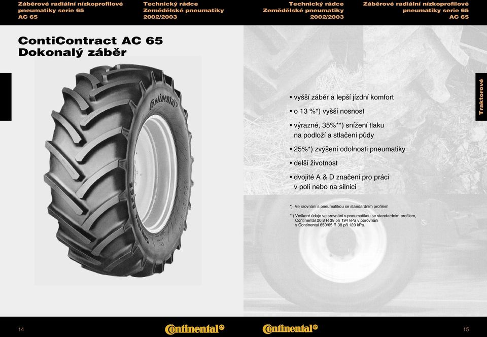 odolnosti pneumatiky del í Ïivotnost dvojité A & D znaãení pro práci v poli nebo na silnici *) Ve srovnání s pneumatikou se standardním profilem **)