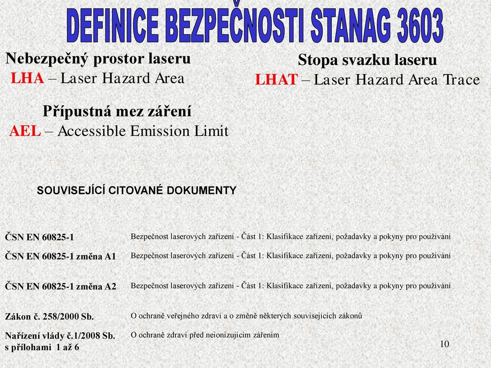 Klasifikace zařízení, požadavky a pokyny pro používání ČSN EN 60825-1 změna A2 Bezpečnost laserových zařízení - Část 1: Klasifikace zařízení, požadavky a pokyny pro používání