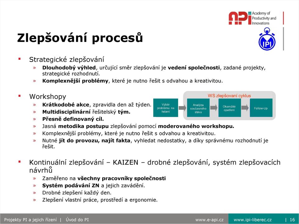 » Jasná metodika postupu zlepšování pomocí moderovaného workshopu.» Komplexnější problémy, které je nutno řešit s odvahou a kreativitou.