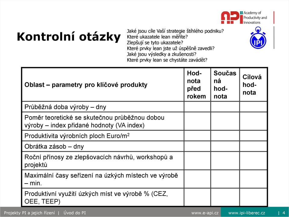 Oblast parametry pro klíčové produkty Hodnota před rokem Součas ná hodnota Cílová hodnota Průběžná doba výroby dny Poměr teoretické se skutečnou průběžnou dobou výroby index přidané