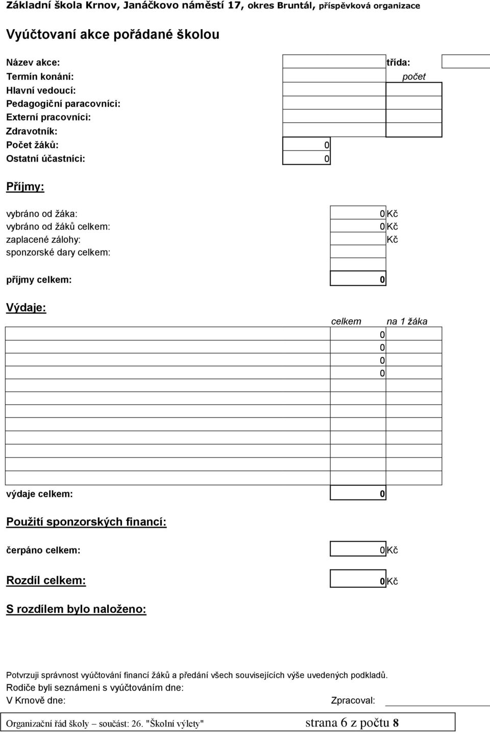 výdaje celkem: 0 Použití sponzorských financí: čerpáno celkem: 0 Kč Rozdíl celkem: 0 Kč S rozdílem bylo naloženo: Potvrzuji správnost vyúčtování financí žáků a předání