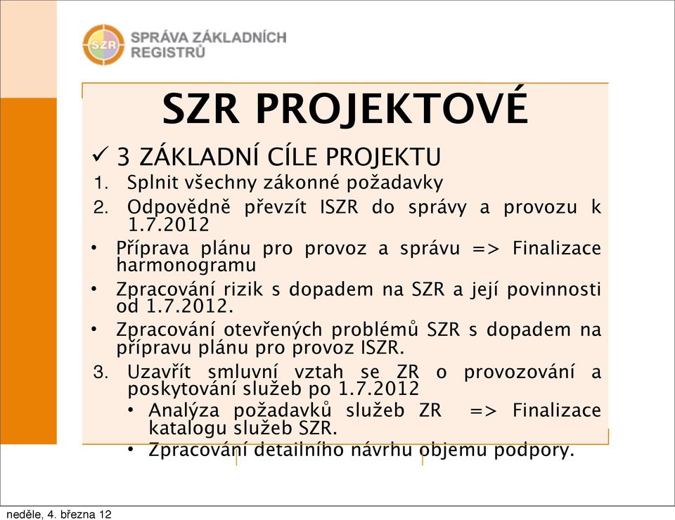 3. Uzavřít smluvní vztah se ZR o provozování a poskytování služeb po 1.7.2012 Analýza požadavků služeb ZR katalogu služeb SZR.