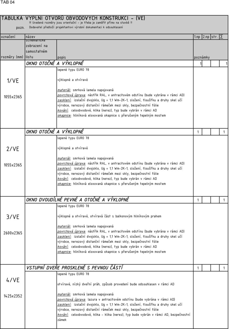 poznámky 1/VE 1055x2365 OKNO OTOČNÉ A VÝKLOPNÉ 2/VE 1055x2365 3/VE 2600x2365, otvíravá část s balkonovým hliníkovým prahem 4/VE 1425x2352 VSTUPNÍ DVEŘE PROSKLENÉ S PEVNOU ČÁSTÍ