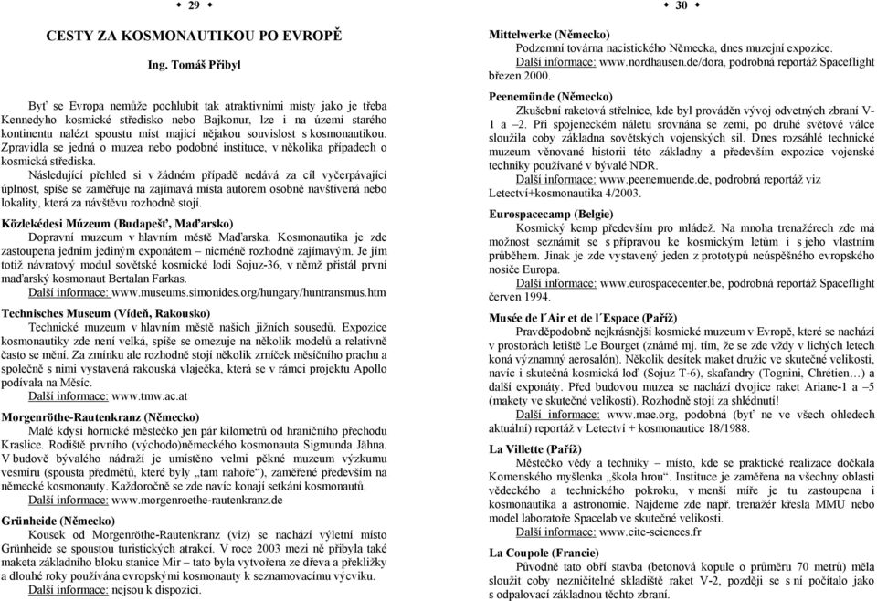 souvislost s kosmonautikou. Zpravidla se jedná o muzea nebo podobné instituce, v několika případech o kosmická střediska.
