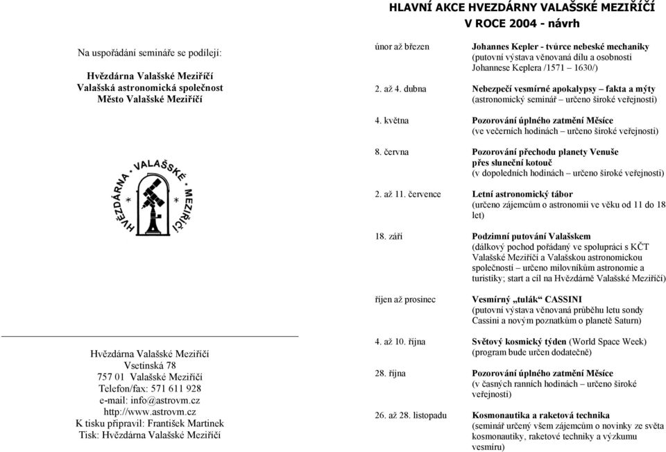 dubna Nebezpečí vesmírné apokalypsy fakta a mýty Město Valašské Meziříčí (astronomický seminář určeno široké veřejnosti) 4.