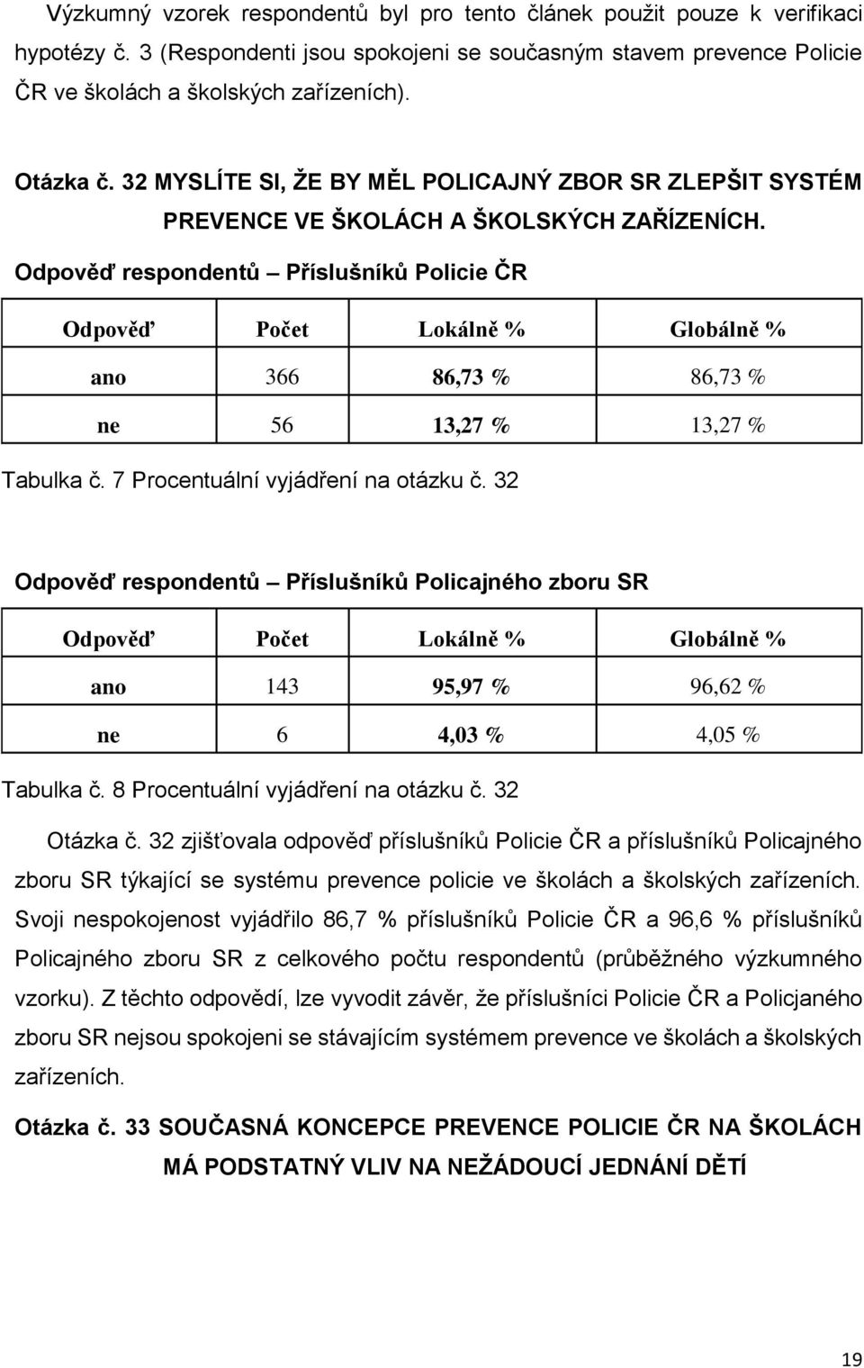 Odpověď respondentů Příslušníků Policie ČR Odpověď Počet Lokálně % Globálně % ano 366 86,73 % 86,73 % ne 56 13,27 % 13,27 % Tabulka č. 7 Procentuální vyjádření na otázku č.