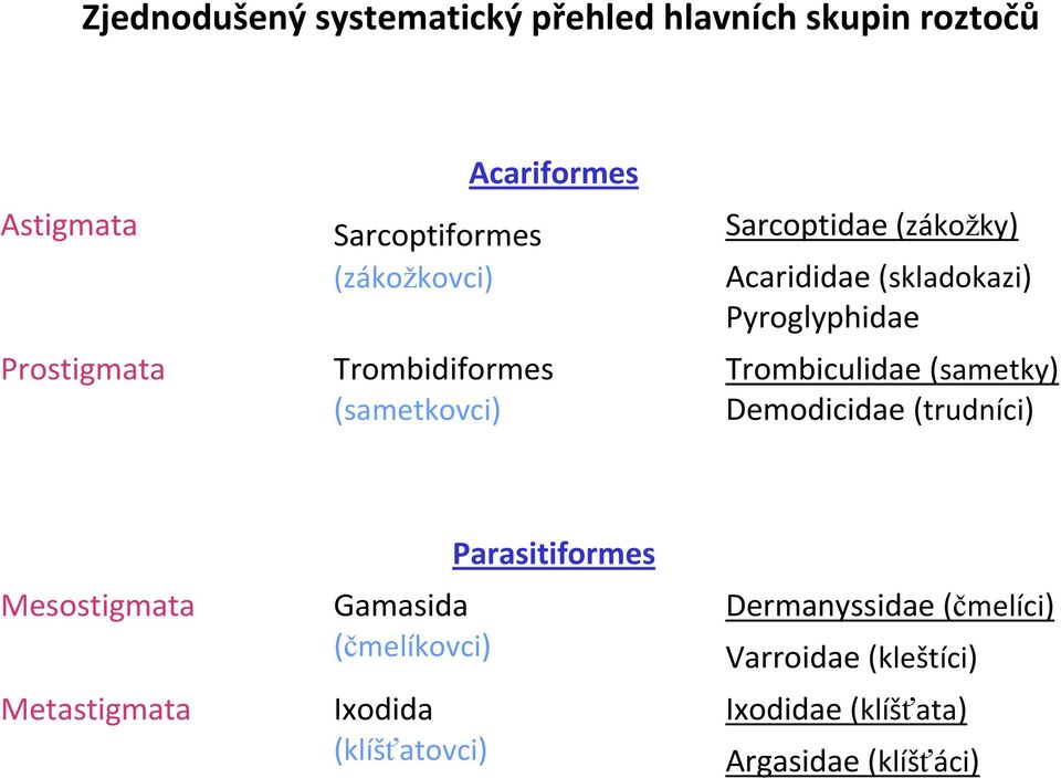 Pyroglyphidae Trombiculidae (sametky) Demodicidae (trudníci) Mesostigmata Metastigmata Gamasida