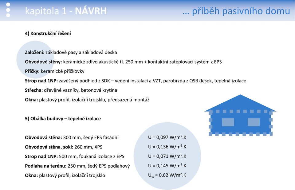 dřevěné vazníky, betonová krytina Okna: plastový profil, izolační trojsklo, předsazená montáž 5) Obálka budovy tepelné izolace Obvodová stěna: 300 mm, šedý EPS fasádní Obvodová stěna,