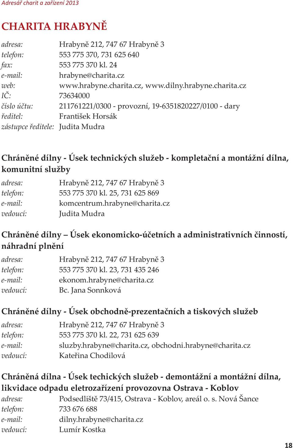 cz IÈ: 73634000 èíslo úètu: 211761221/0300 - provozní, 19-6351820227/0100 - dary øeditel: František Horsák zástupce øeditele: Judita Mudra Chránìné dílny - Úsek technických služeb - kompletaèní a