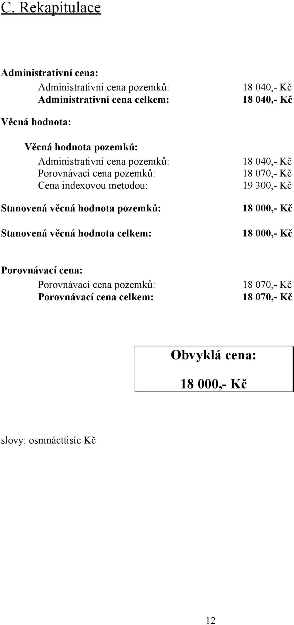 věcná hodnota pozemků: Stanovená věcná hodnota celkem: 18 040,- Kč 18 070,- Kč 19 300,- Kč 18 000,- Kč 18 000,- Kč Porovnávací