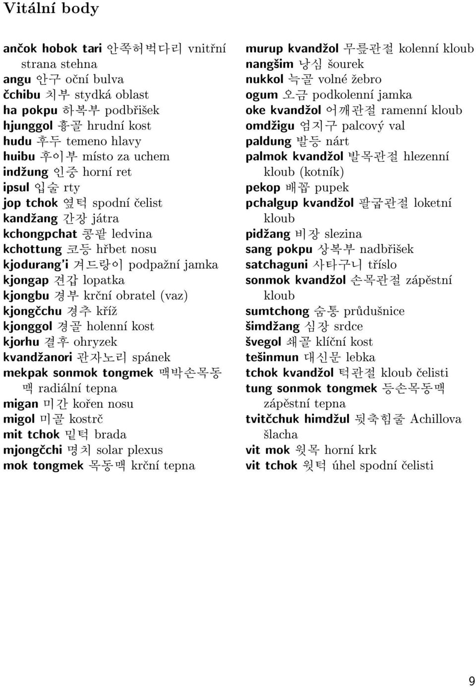 obratel (vaz) kjongèchu 경추 køí¾ kjonggol 경골 holenní kost kjorhu 결후 ohryzek kvand¾anori 관자노리 spánek mekpak sonmok tongmek 맥박손목동 맥 radiální tepna migan 미간 koøen nosu migol 미골 kostrè mit tchok 밑턱 brada