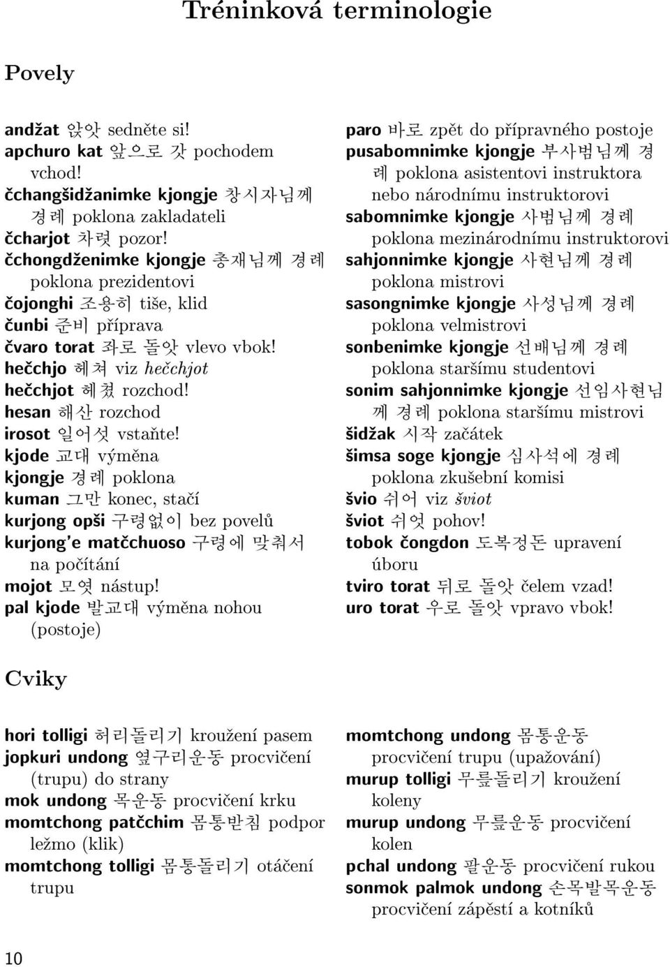 hesan 해산 rozchod irosot 일어섯 vstaòte! kjode 교대 výmìna kjongje 경례 poklona kuman 그만 konec, staèí kurjong op¹i 구령없이 bez povelù kurjong'e matèchuoso 구령에 맞춰서 na poèítání mojot 모엿 nástup!