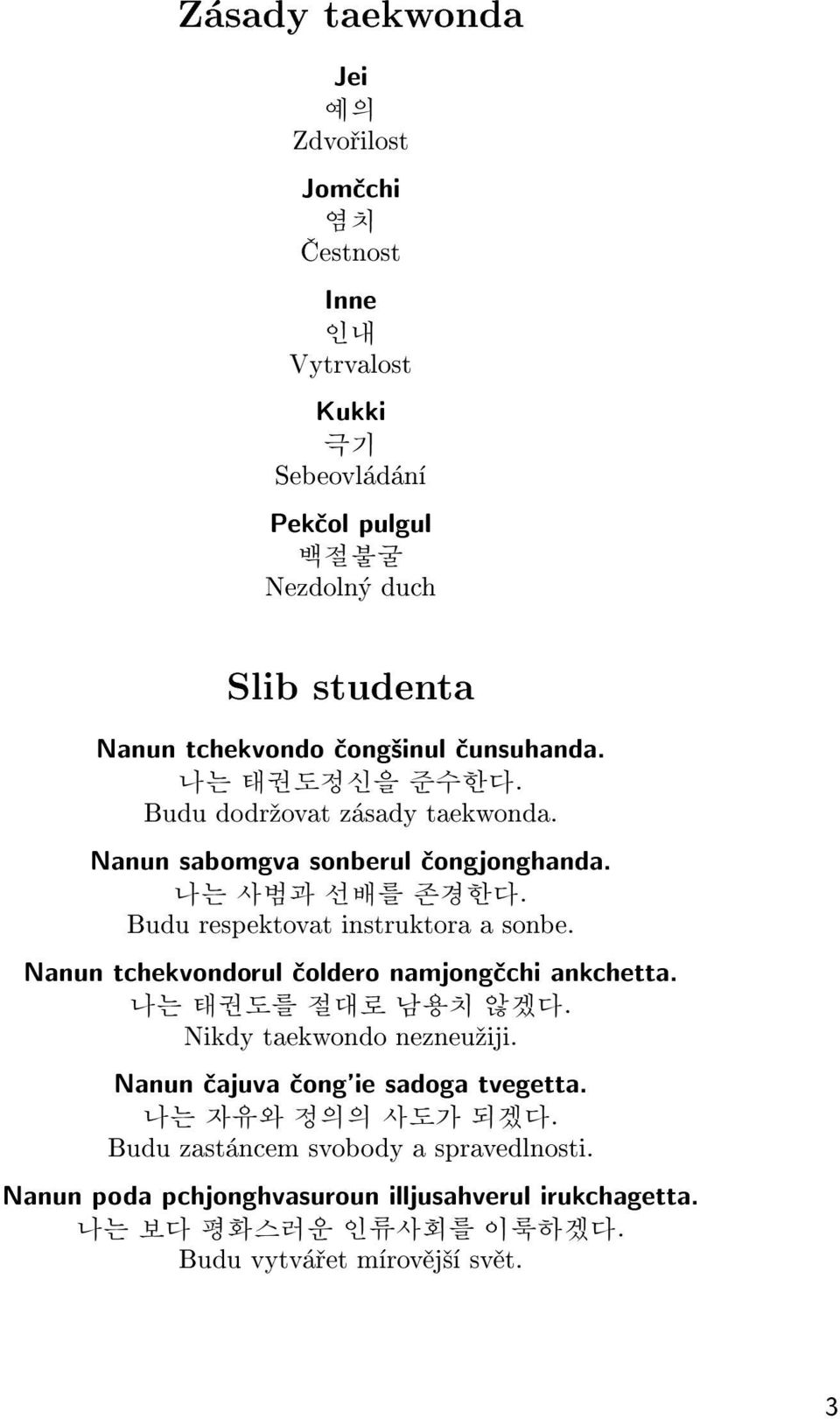 Budu respektovat instruktora a sonbe. Nanun tchekvondorul èoldero namjongèchi ankchetta. 나는 태권도를 절대로 남용치 않겠다. Nikdy taekwondo nezneu¾iji.