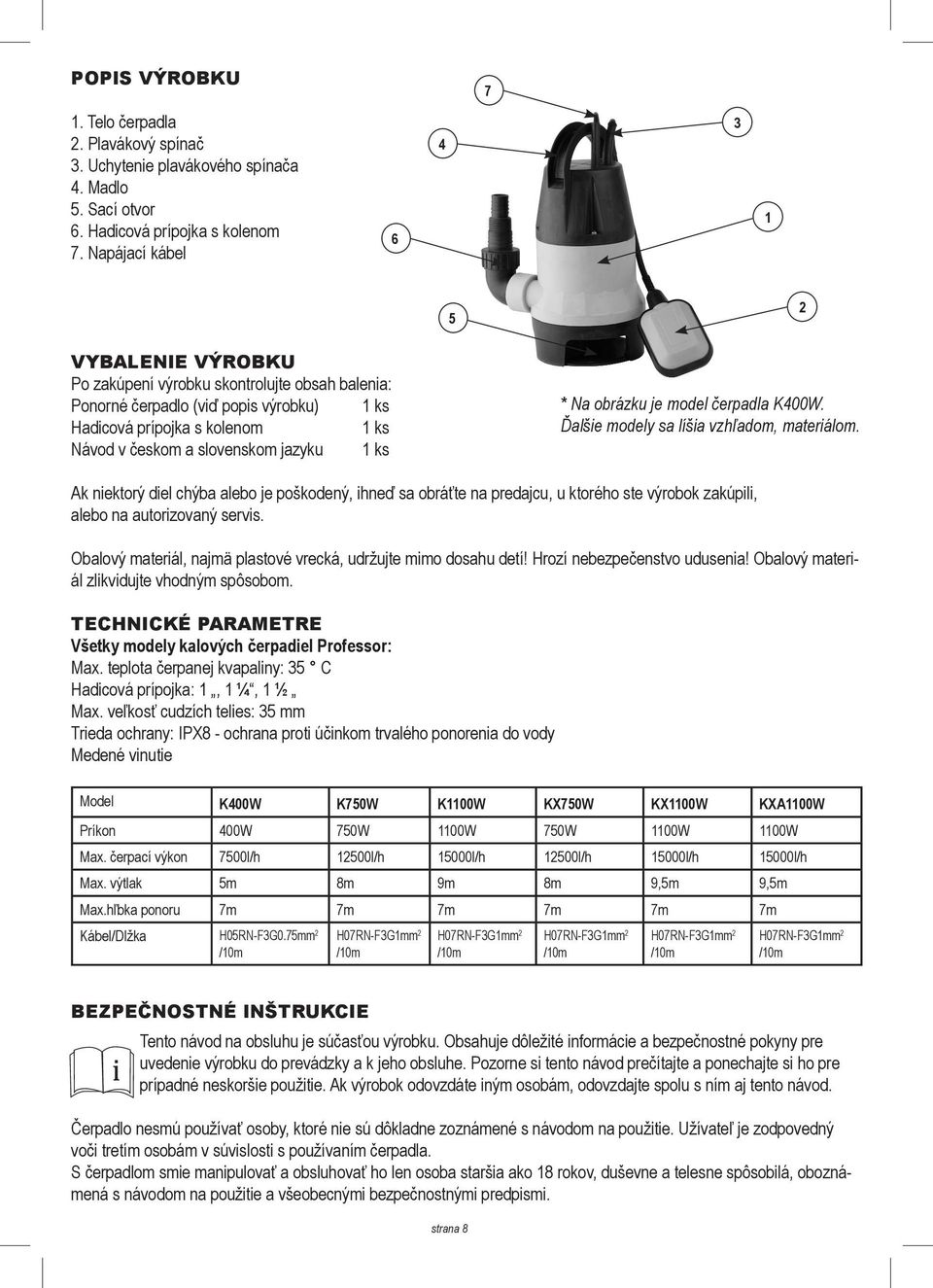 jazyku 1 ks * Na obrázku je model čerpadla K400W. Ďalšie modely sa líšia vzhľadom, materiálom.