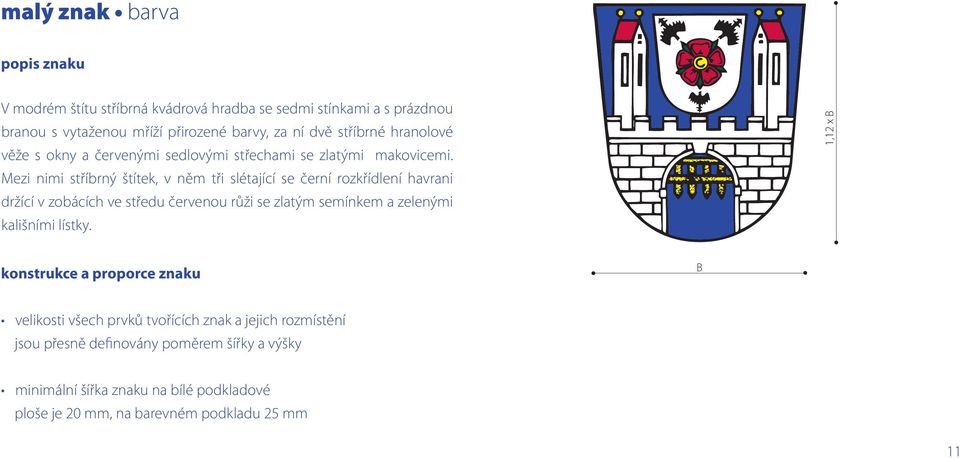 Mezi nimi stříbrný štítek, v něm tři slétající se černí rozkřídlení havrani držící v zobácích ve středu červenou růži se zlatým semínkem a zelenými