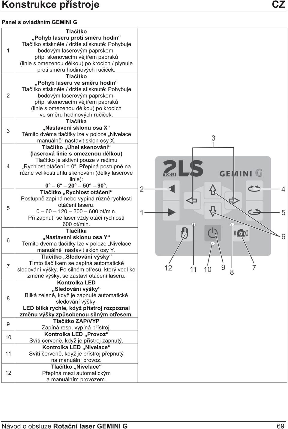 Tlaítko Pohyb laseru ve smru hodin Tlaítko stisknte / držte stisknuté: Pohybuje bodovým laserovým paprskem, píp. skenovacím vjíem paprsk (linie s omezenou délkou) po krocích ve smru hodinových ruiek.