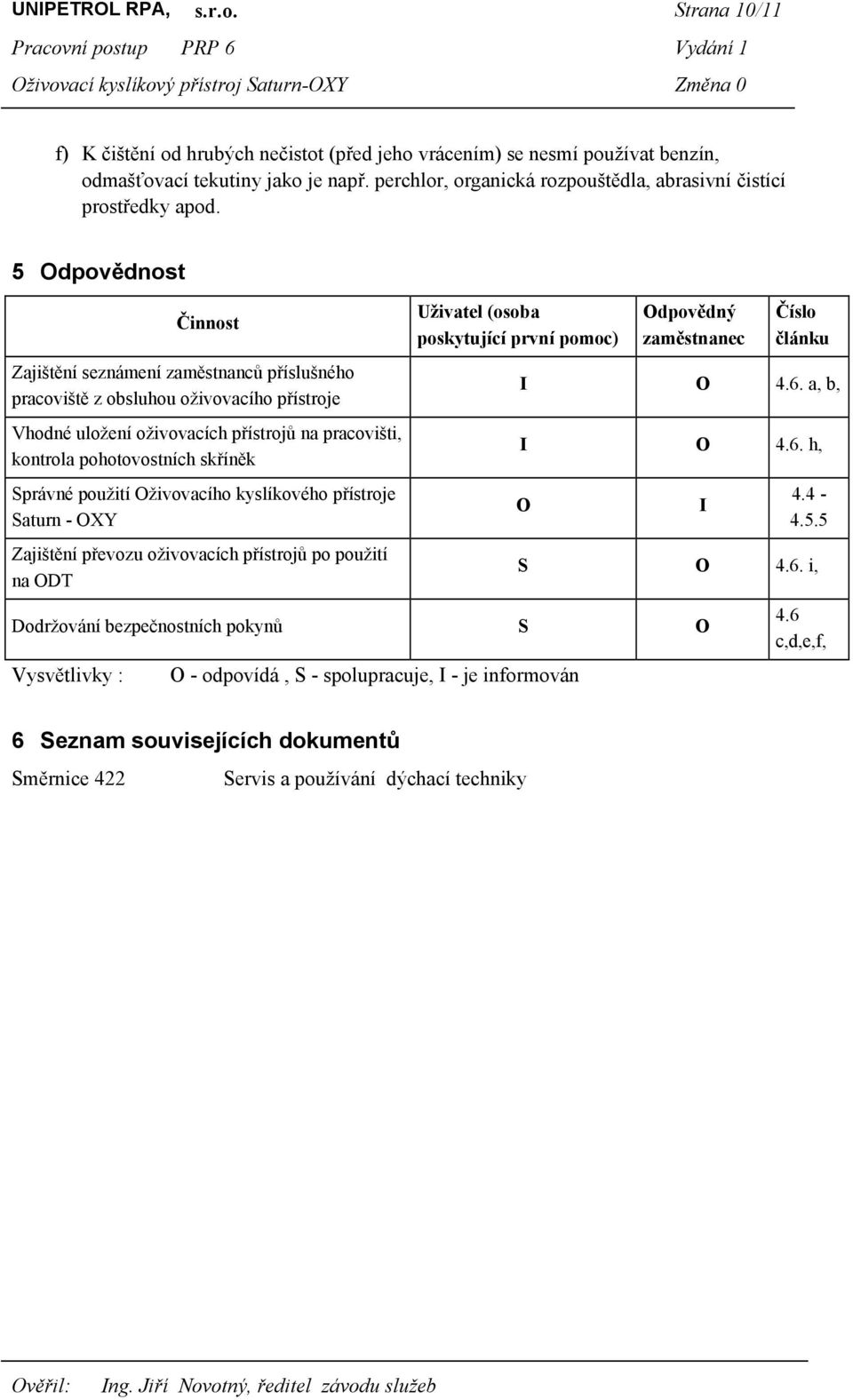 5 Odpovědnost Činnost Zajištění seznámení zaměstnanců příslušného pracoviště z obsluhou oživovacího přístroje Vhodné uložení oživovacích přístrojů na pracovišti, kontrola pohotovostních skříněk