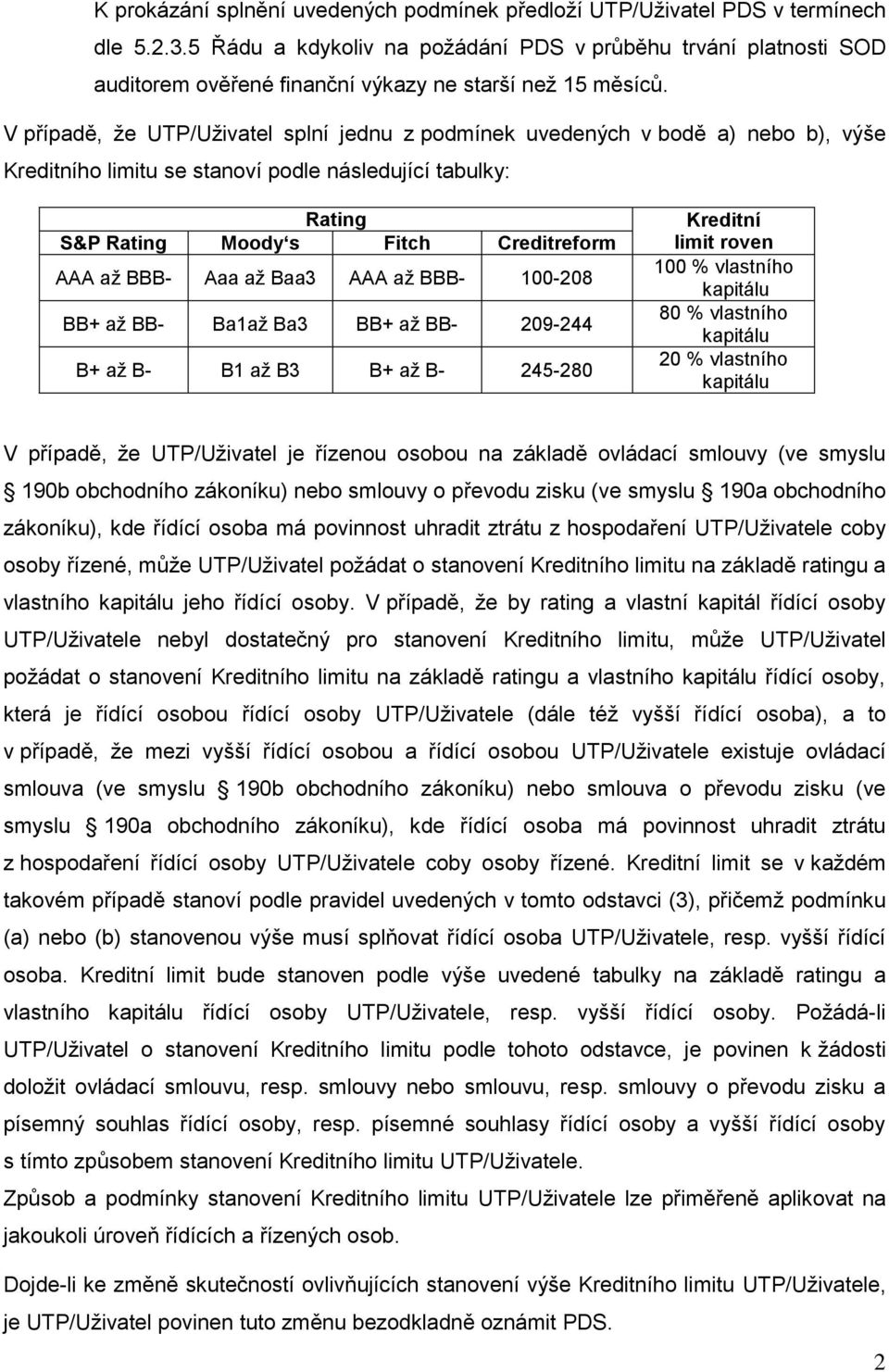 V případě, že UTP/Uživatel splní jednu z podmínek uvedených v bodě a) nebo b), výše Kreditního limitu se stanoví podle následující tabulky: Rating S&P Rating Moody s Fitch Creditreform AAA až BBB-