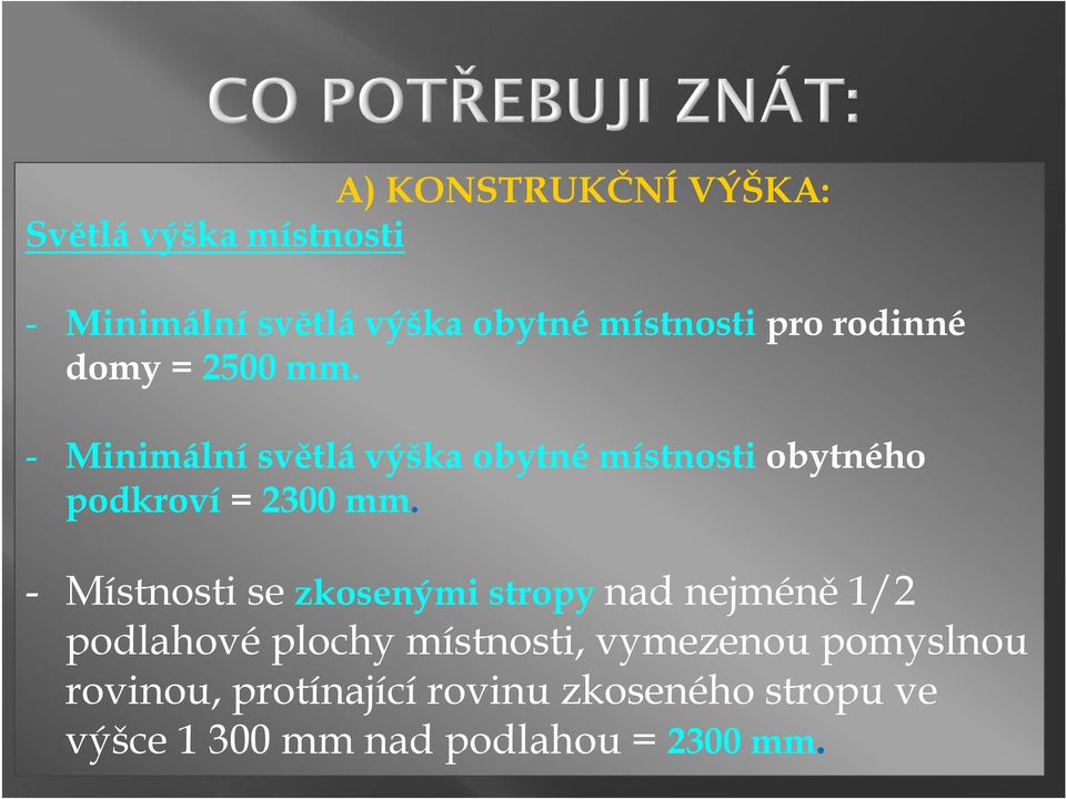 - Minimální světlá výška obytné místnosti obytného podkroví = 2300 mm.