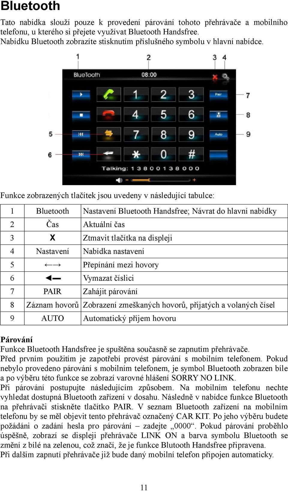 Funkce zobrazených tlačítek jsou uvedeny v následující tabulce: 1 Bluetooth Nastavení Bluetooth Handsfree; Návrat do hlavní nabídky 2 Čas Aktuální čas 3 X Ztmavit tlačítka na displeji 4 Nastavení