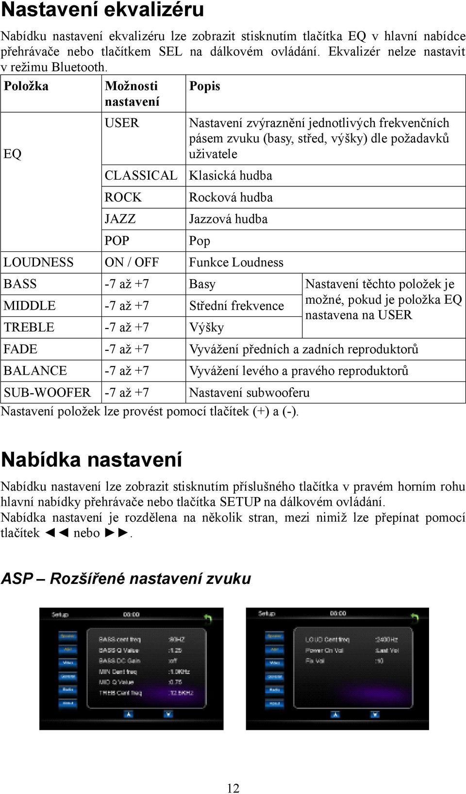 Jazzová hudba Pop LOUDNESS ON / OFF Funkce Loudness BASS -7 až +7 Basy Nastavení těchto položek je MIDDLE -7 až +7 Střední frekvence možné, pokud je položka EQ nastavena na USER TREBLE -7 až +7 Výšky