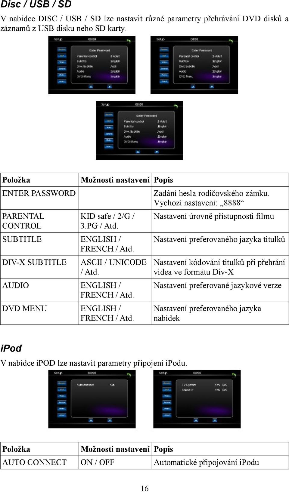 DVD MENU ENGLISH / FRENCH / Atd. Zadání hesla rodičovského zámku.
