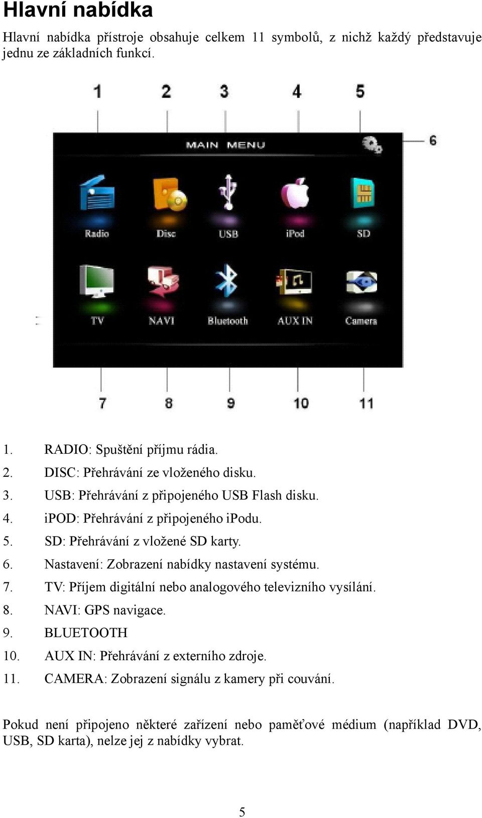 Nastavení: Zobrazení nabídky nastavení systému. 7. TV: Příjem digitální nebo analogového televizního vysílání. 8. NAVI: GPS navigace. 9. BLUETOOTH 10.