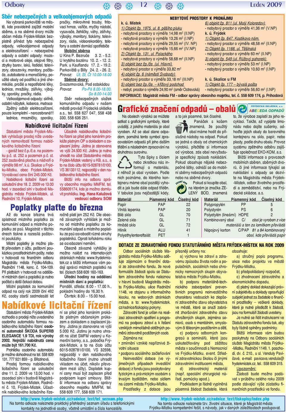 obrazovky, monitory, počítače, autobaterie a monočlánky, použité obaly od postřiků a jiné chemikálie, prošlé a nepotřebné léky, lednice, mražáky, zářivky, výbojky, sporáky, pračky, rádia.