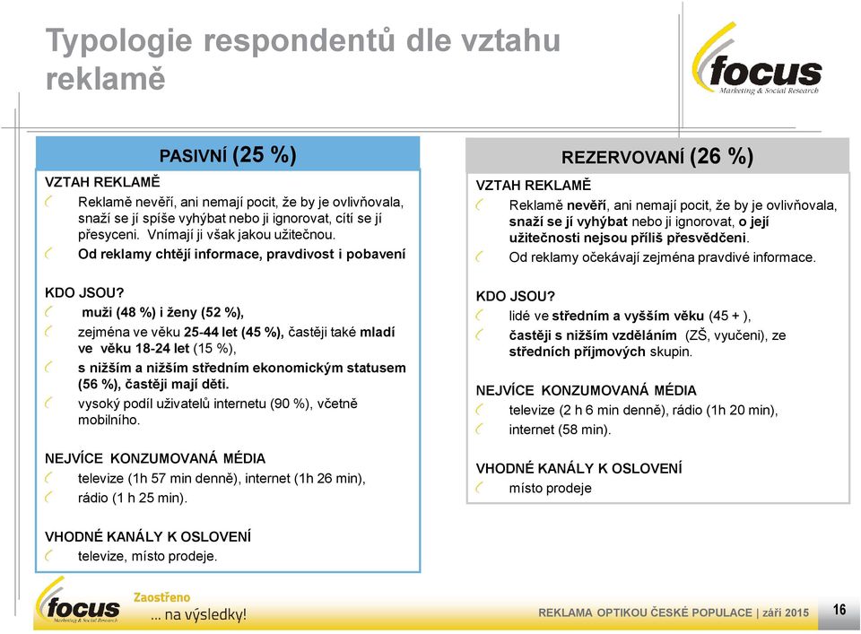 Od reklamy chtějí informace, pravdivost i pobavení VZTAH REKLAMĚ REZERVOVANÍ (6 %) Reklamě nevěří, ani nemají pocit, že by je ovlivňovala, snaží se jí vyhýbat nebo ji ignorovat, o její užitečnosti