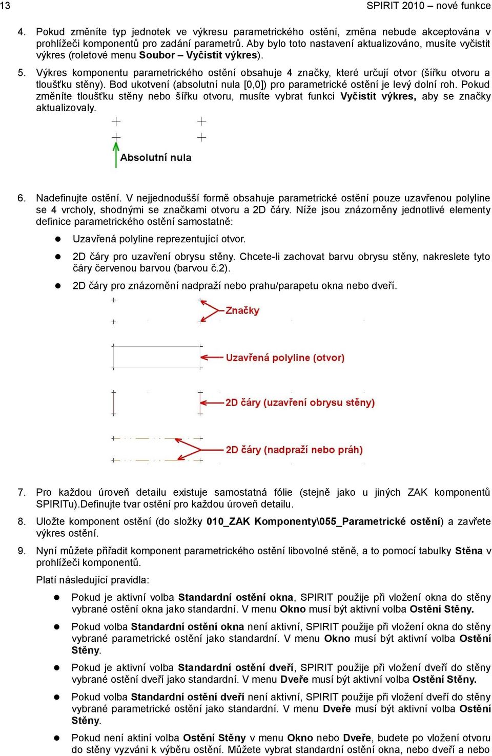 Výkres komponentu parametrického ostění obsahuje 4 značky, které určují otvor (šířku otvoru a tloušťku stěny). Bod ukotvení (absolutní nula [0,0]) pro parametrické ostění je levý dolní roh.