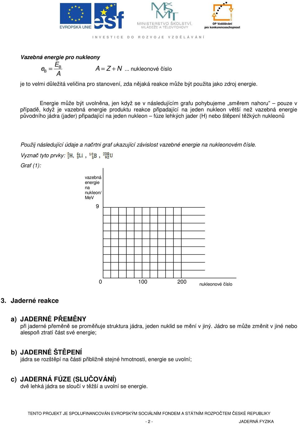 původního jádra (jader) připadající na jeden nukleon fúze lehkých jader (H) nebo štěpení těžkých nukleonů Použij následující údaje a načrtni graf ukazující závislost vazebné energie na nukleonovém