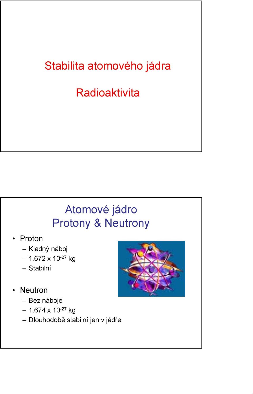 67 0-7 kg Stbilní Atomové jádro Protony