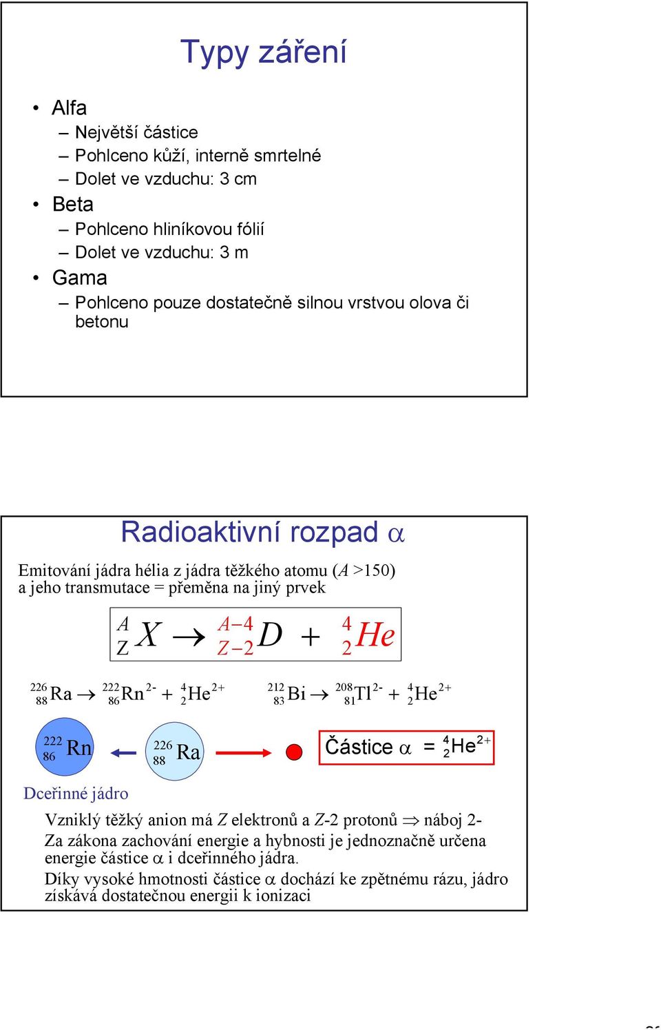 He 6-88R 86Rn He 08-8Bi 8Tl He Rn 86 6 R 88 Částice α He Dceřinné jádro Vzniklý těžký nion má Z elektronů Z- protonů náboj - Z zákon zchování energie