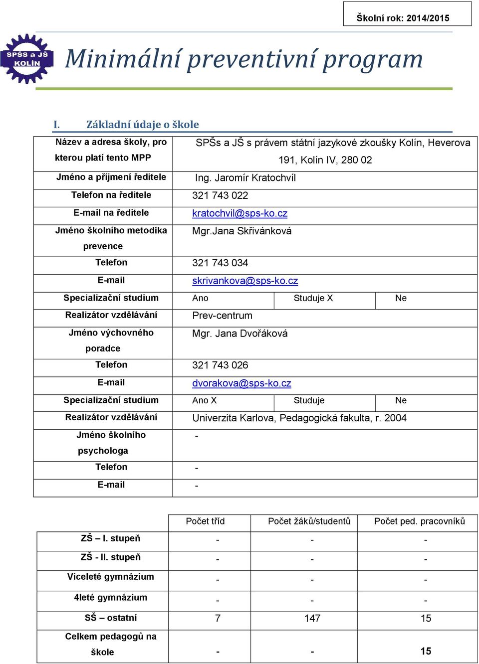 Jaromír Kratochvíl Telefon na ředitele 321 743 022 E-mail na ředitele kratochvil@sps-ko.cz Jméno školního metodika Mgr.Jana prevence Telefon 321 743 034 E-mail skrivankova@sps-ko.