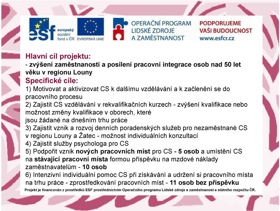 rozvoj denních poradenských služeb pro nezaměstnané CS v regionu Louny a Žatec - možnost individuálních konzultací 4) Zajistit služby psychologa pro CS 5) Podpořit vznik nových pracovních míst pro CS