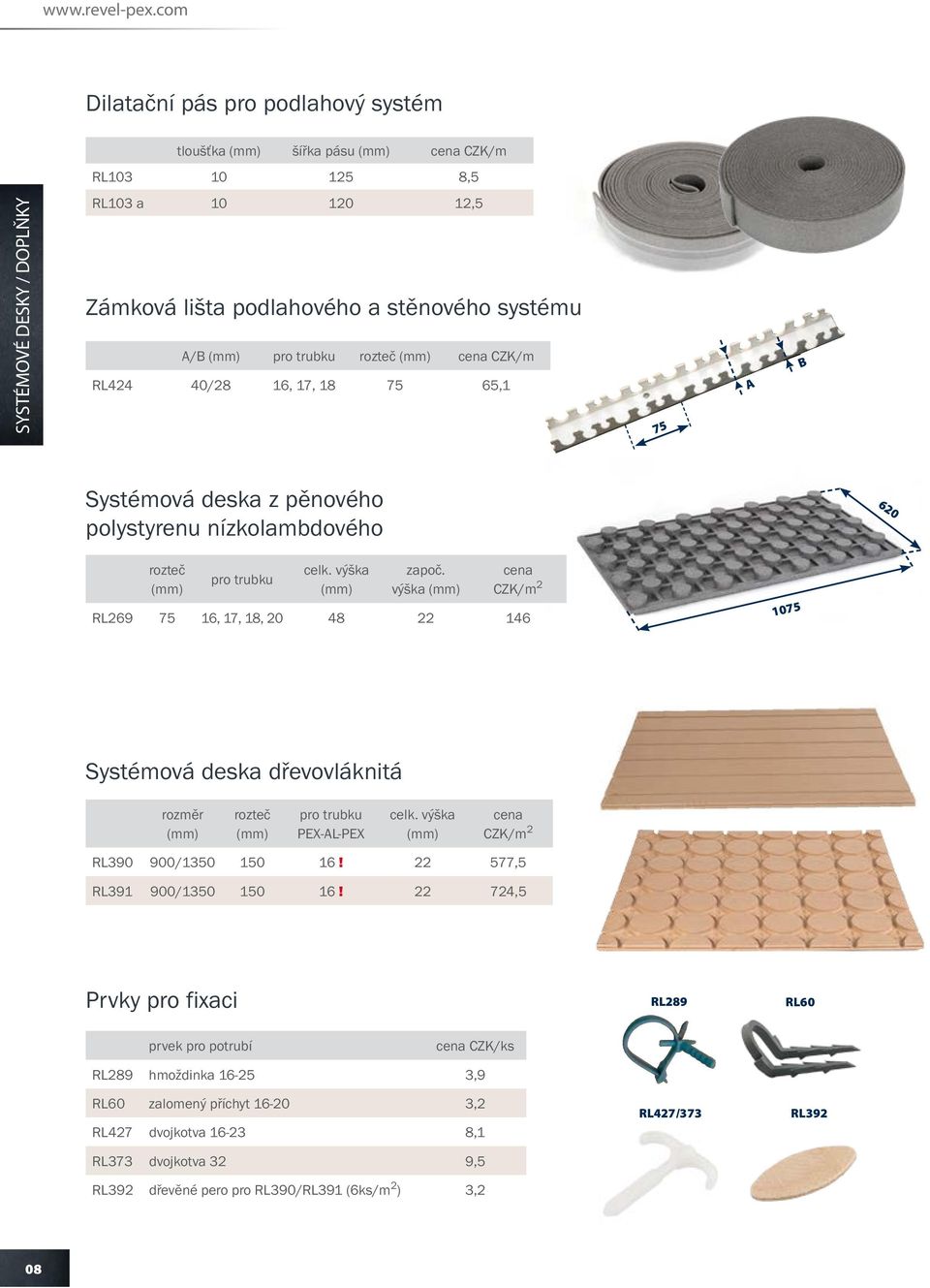 pro trubku rozteč (mm) cena CZK/m RL424 40/28 16, 17, 18 75 65,1 75 A B Systémová deska z pěnového polystyrenu nízkolambdového 620 rozteč (mm) pro trubku celk. výška (mm) započ.