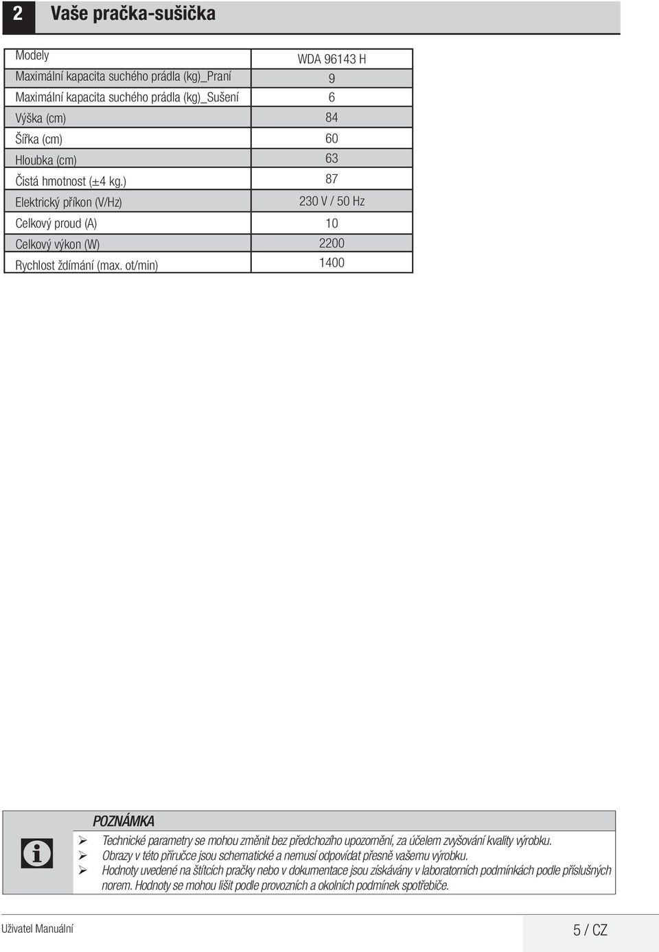 ot/min) WDA 96143 H 9 6 84 60 63 87 230 V / 50 Hz 10 2200 1400 C POZNÁMKA ¾ Technické parametry se mohou změnit bez předchozího upozornění, za účelem zvyšování kvality výrobku.