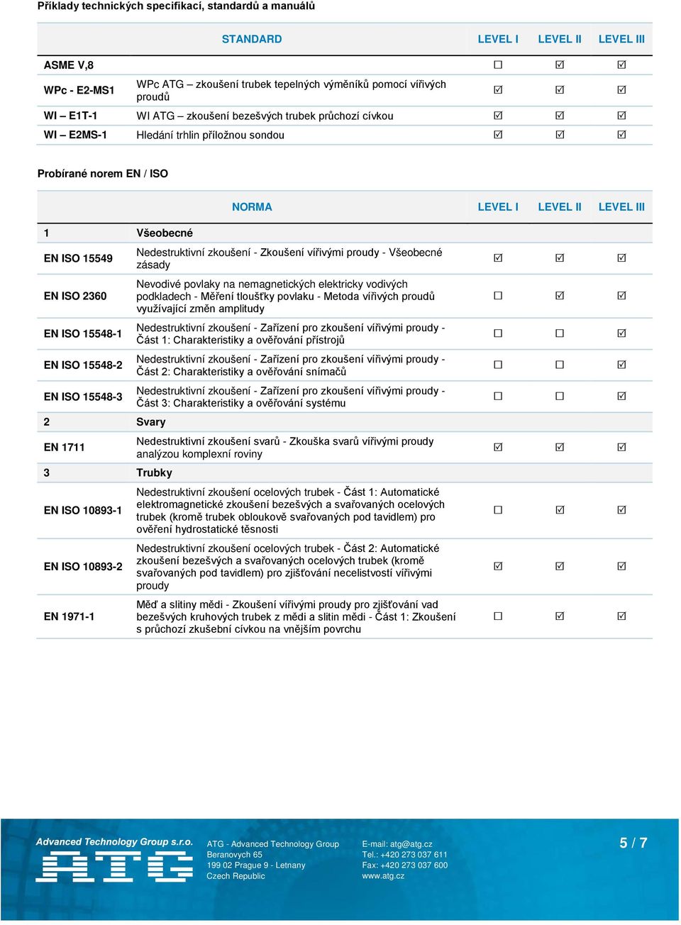 ISO 15548-2 EN ISO 15548-3 2 Svary EN 1711 3 Trubky EN ISO 10893-1 EN ISO 10893-2 EN 1971-1 Nedestruktivní zkoušení - Zkoušení vířivými proudy - Všeobecné zásady Nevodivé povlaky na nemagnetických