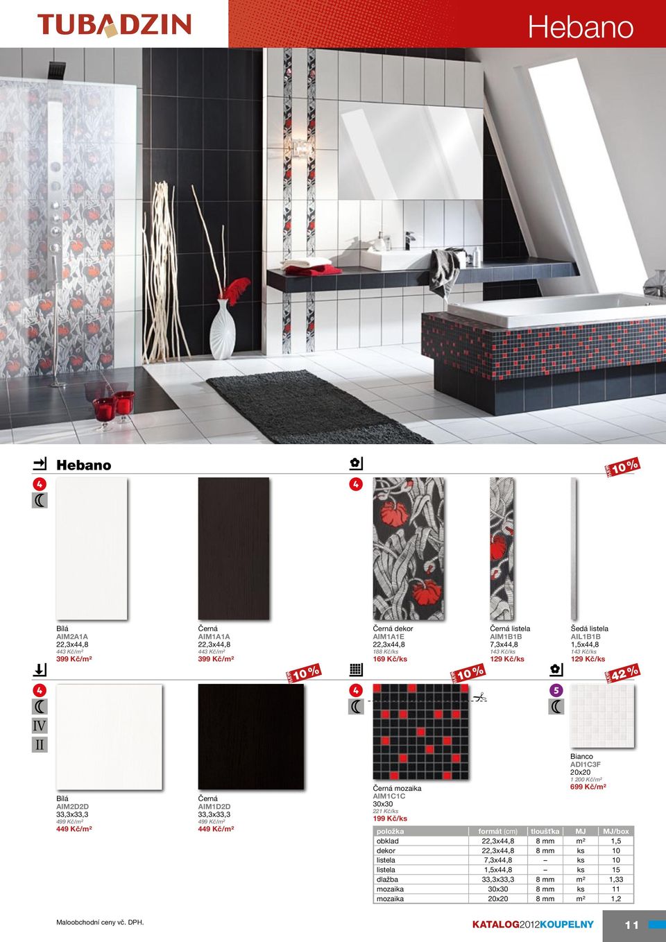AIM1C1C 221 Kč/ks 199 Kč/ks Bianco ADI1C3F 20x20 1 200 Kč/m2 699 Kč/m2 položka formát (cm) tloušťka MJ MJ/box obklad 22,3x44,8 8 mm m2 1,5 dekor 22,3x44,8 8 mm