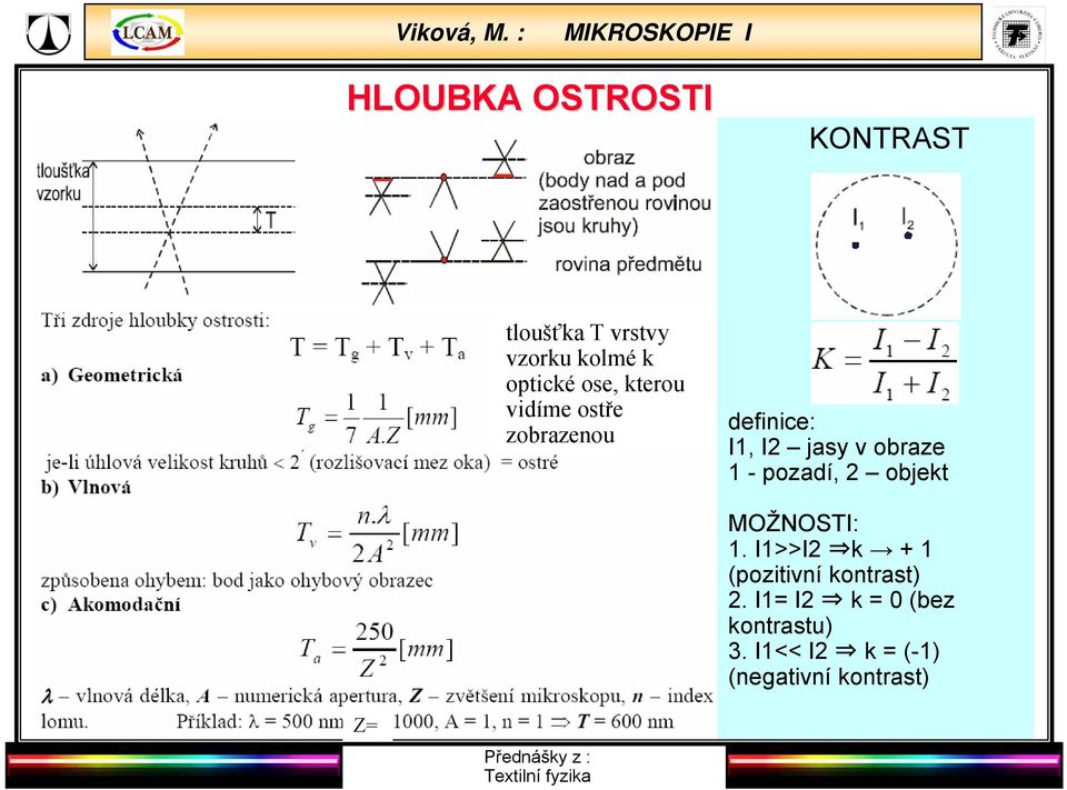 - pozadí, 2 objekt MOŽNOSTI: 1. I1>>I2 k + 1 (pozitivní kontrast) 2.