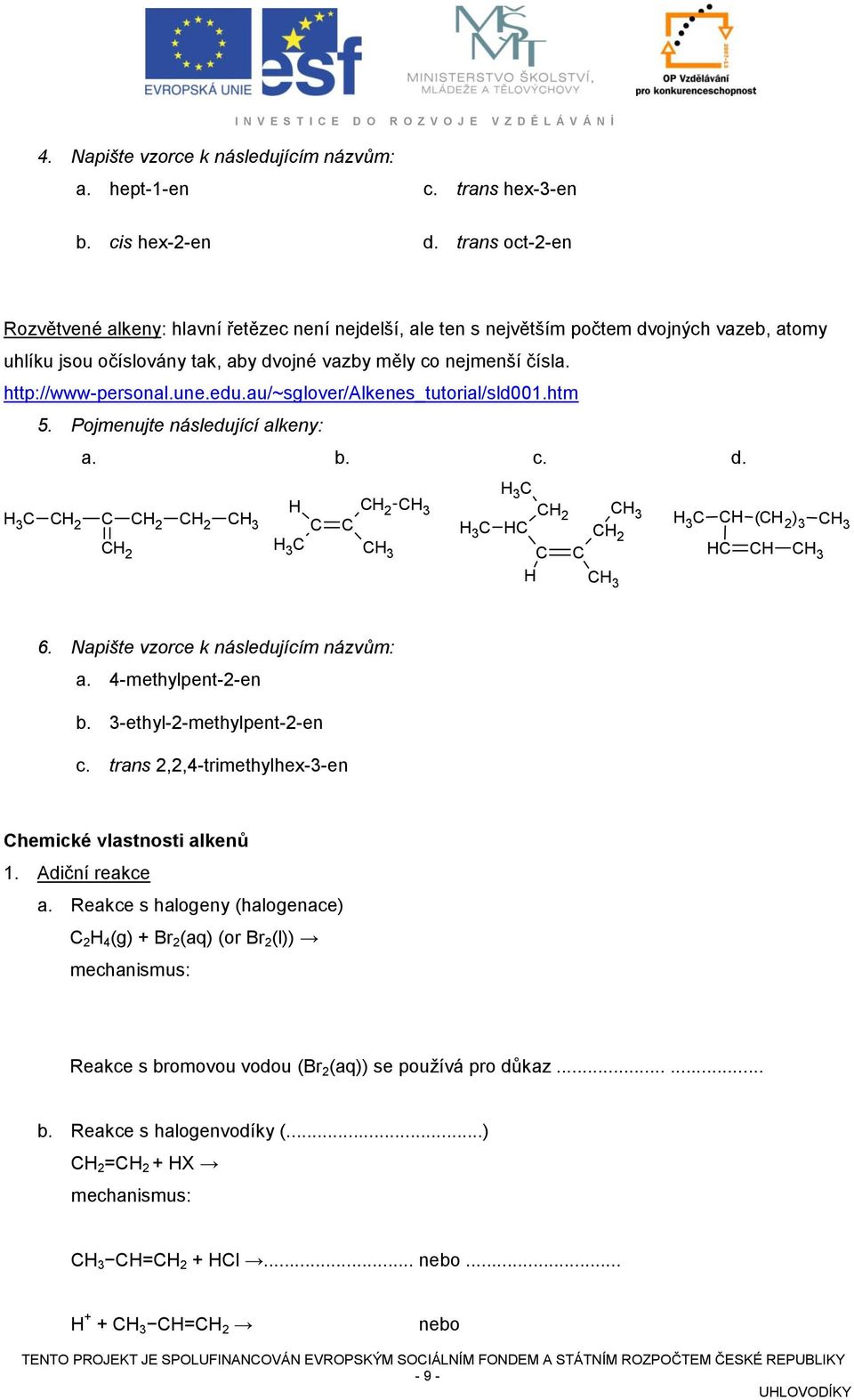 http://www-personal.une.edu.au/~sglover/alkenes_tutorial/sld001.htm 5. Pojmenujte následující alkeny: a. b. c. d.