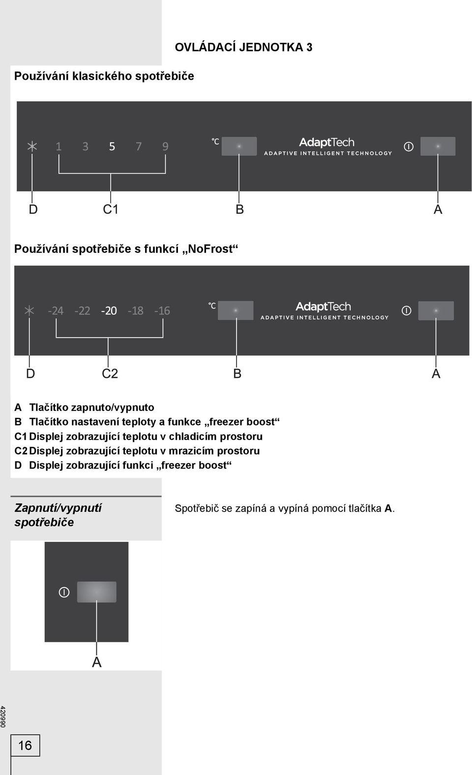 zobrazující teplotu v chladicím prostoru C2 Displej zobrazující teplotu v mrazicím prostoru D