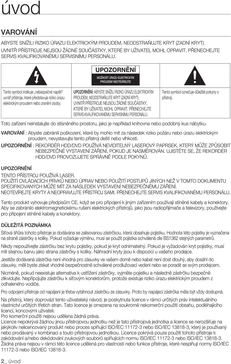 Tento symbol indikuje nebezpečné napětí uvnitř přístroje, které představuje riziko úrazu elektrickým proudem nebo zranění osoby.