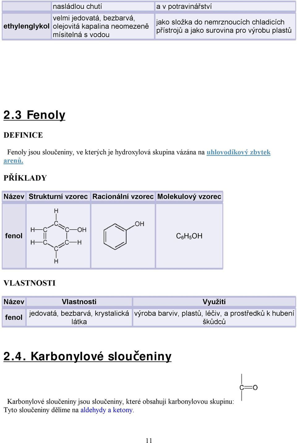 PŘÍKLADY Název Strukturní vzorec Racionální vzorec Molekulový vzorec fenol C 6 H 5 OH VLASTNOSTI Název Vlastnosti Využití fenol jedovatá, bezbarvá, krystalická látka