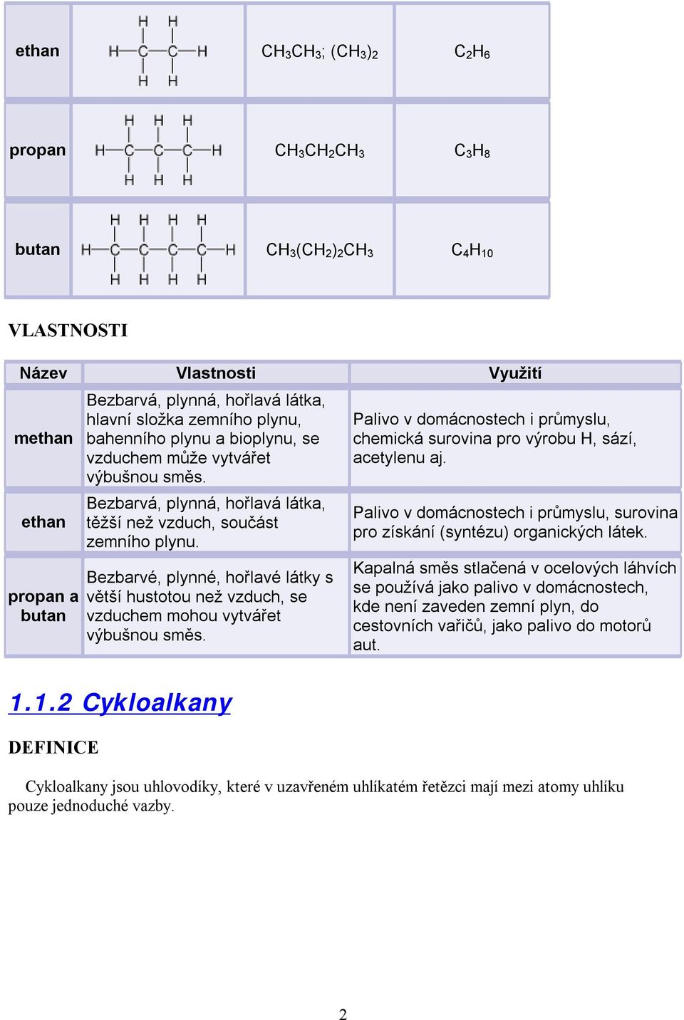 Bezbarvé, plynné, hořlavé látky s větší hustotou než vzduch, se vzduchem mohou vytvářet výbušnou směs. Palivo v domácnostech i průmyslu, chemická surovina pro výrobu H, sází, acetylenu aj.